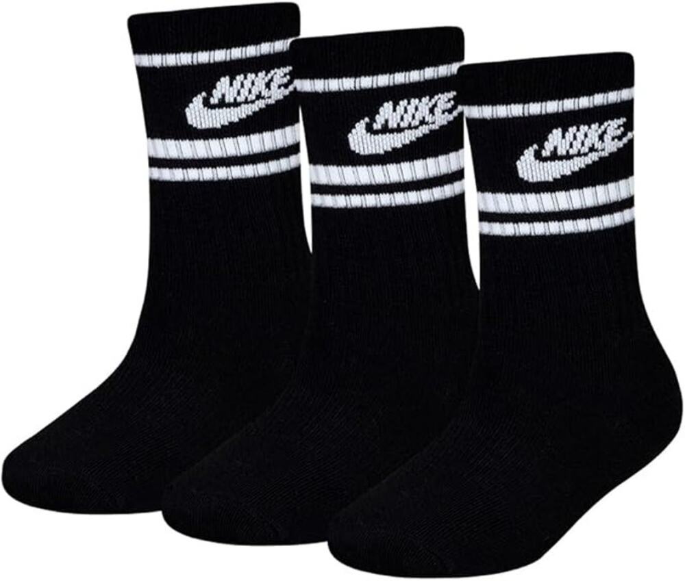 NWT Nike Boys 3-Pack Black White Futura Crew Socks Youth Size 10C-3Y